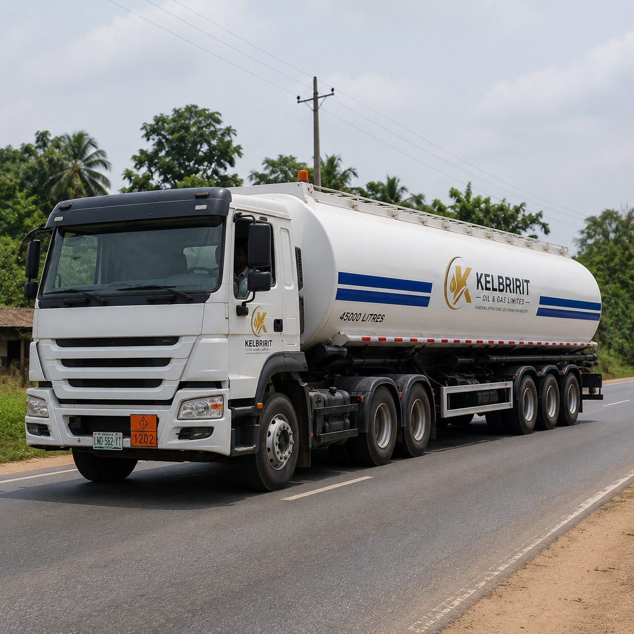 A KELBRIRIT tanker in transit on a highway, carrying a 45,000 litre load.
